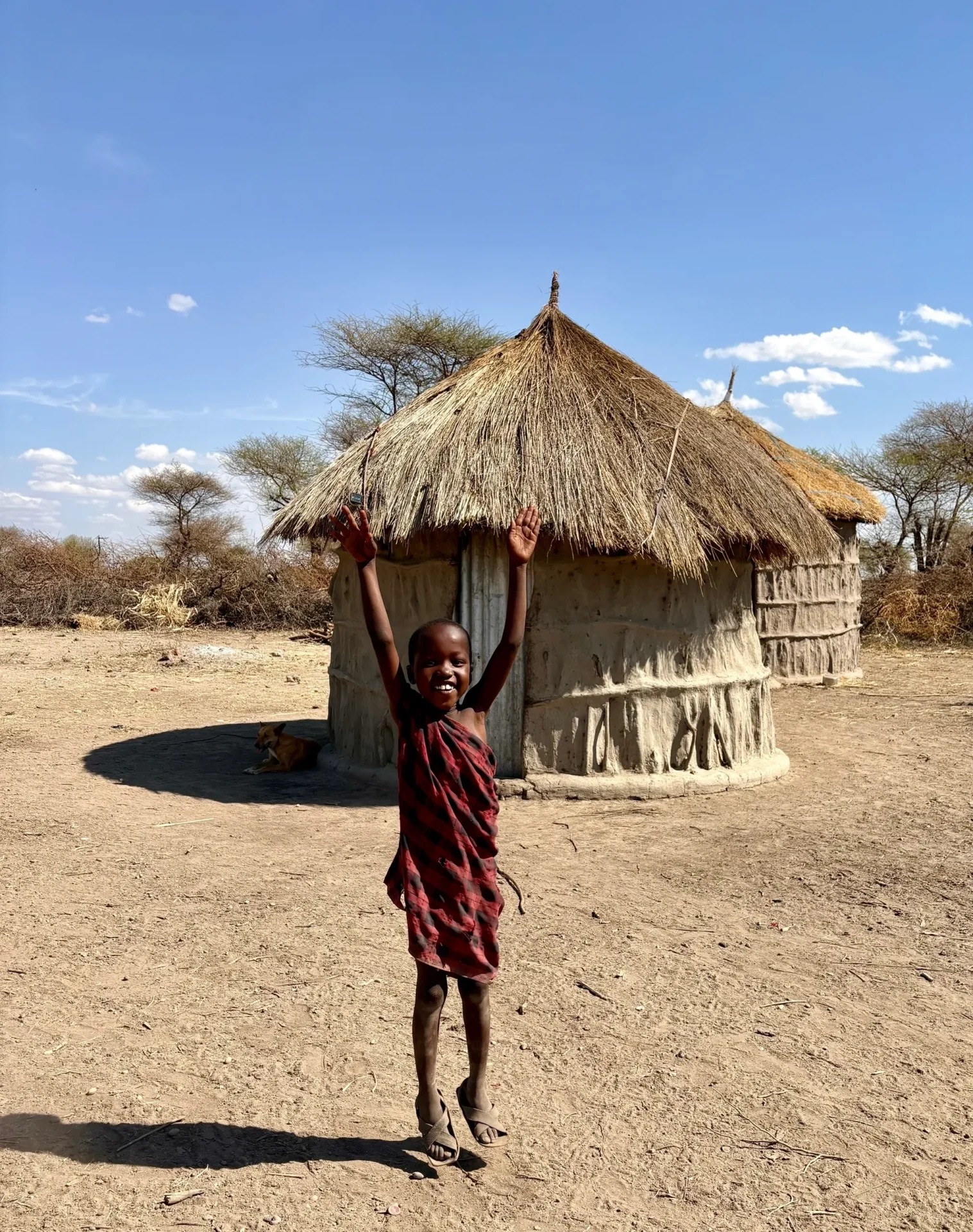 Child smiling in front of thatched hut.