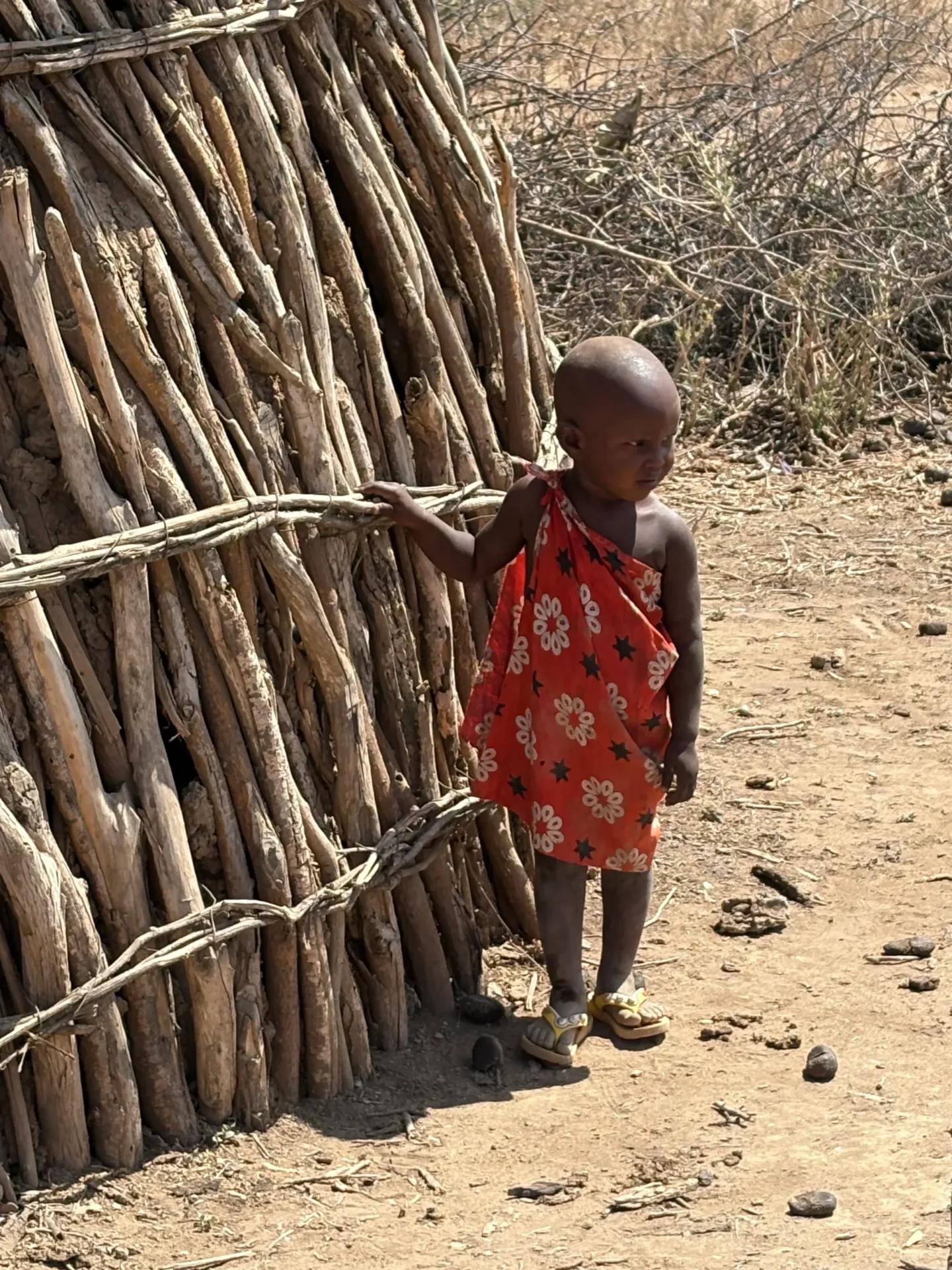 Child in floral dress beside wooden structure.